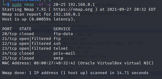 Escaneamento usando TCP FIN para as portas 20 a 25. 