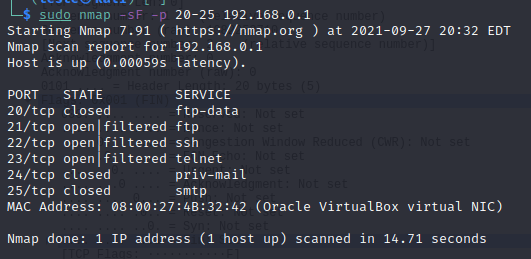 Escaneamento usando TCP FIN para as portas 20 a 25. 