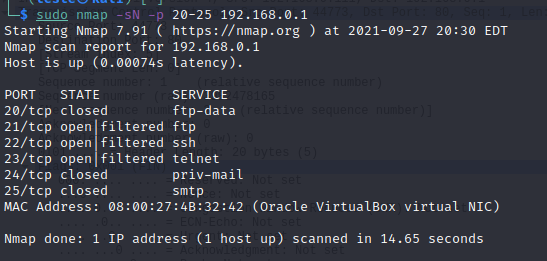 Escaneamento TCP NULL para as portas 20 a 25  do host 192.168.0.1 