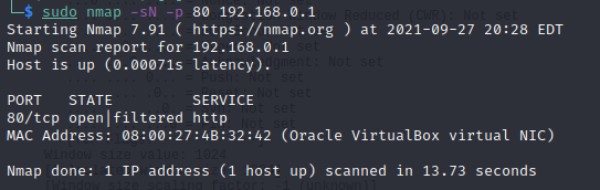 Escaneamento TCP NULL para a porta 80 do host 192.168.0.1 