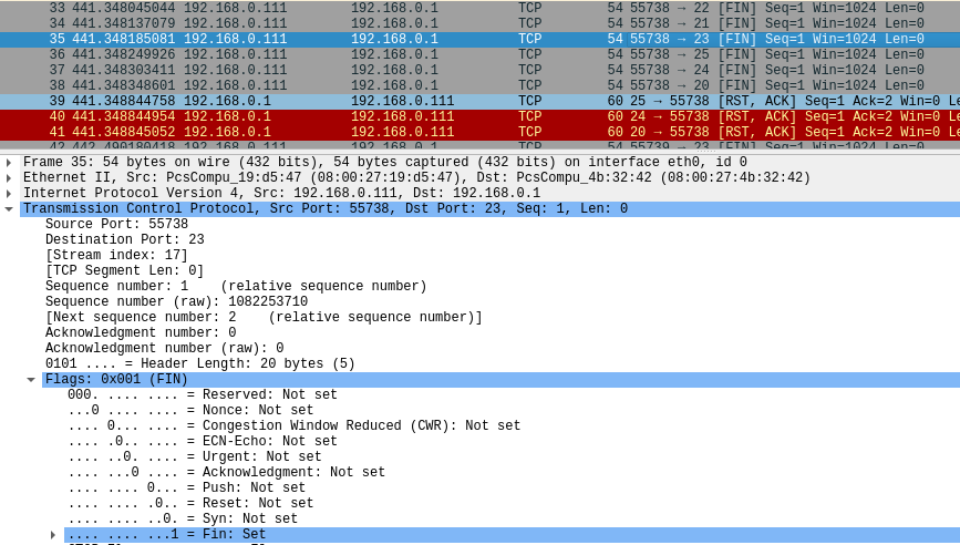 Wireshark: verificação da flag FIN do escaneamento TCP FIN 