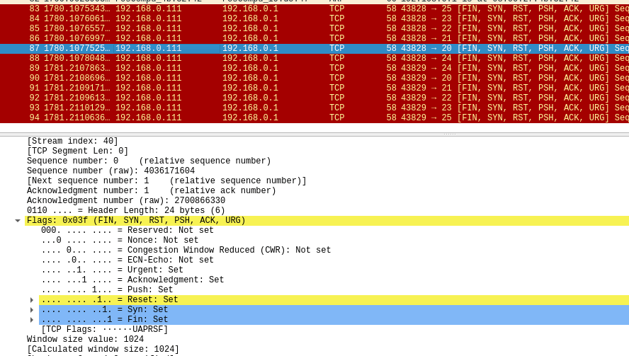 Wireshark Escaneamento com várias flags  