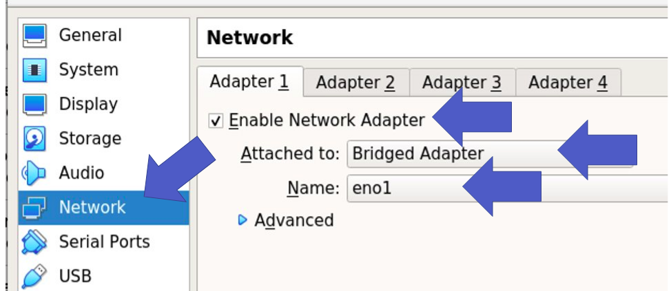 Selecione Network e adaptador em bridge. 