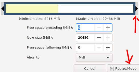 Select the new size for the file partition